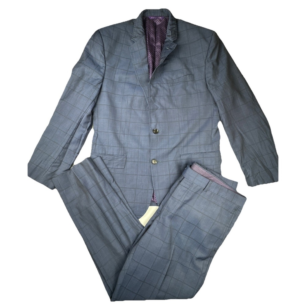 Ted Baker Mens Suit 42R 35R Wool Blue Windowpane Check Endurance Tailored Formal